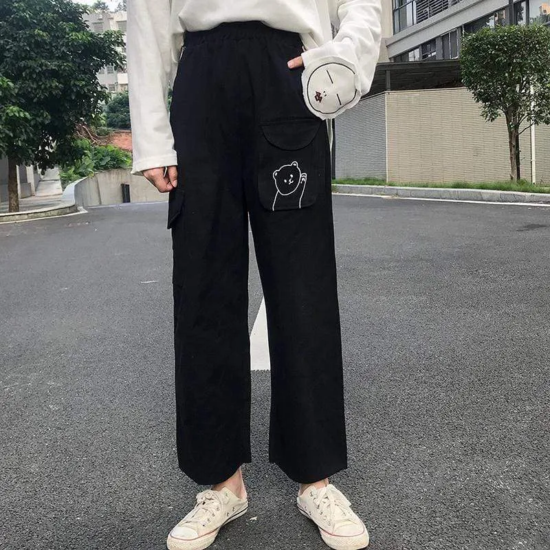 Bear Embroidered Straight-leg Pants
