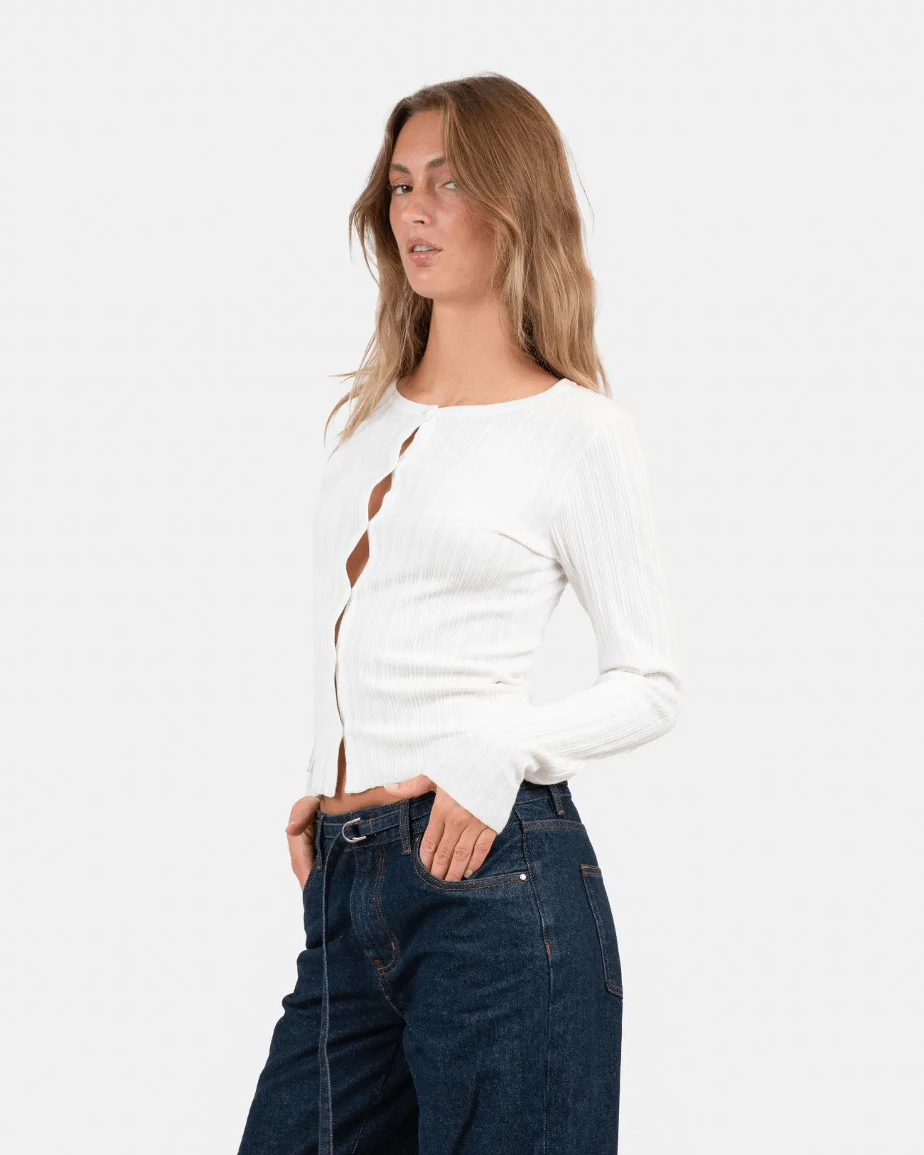 Buttoned Langærmet Top Hvid