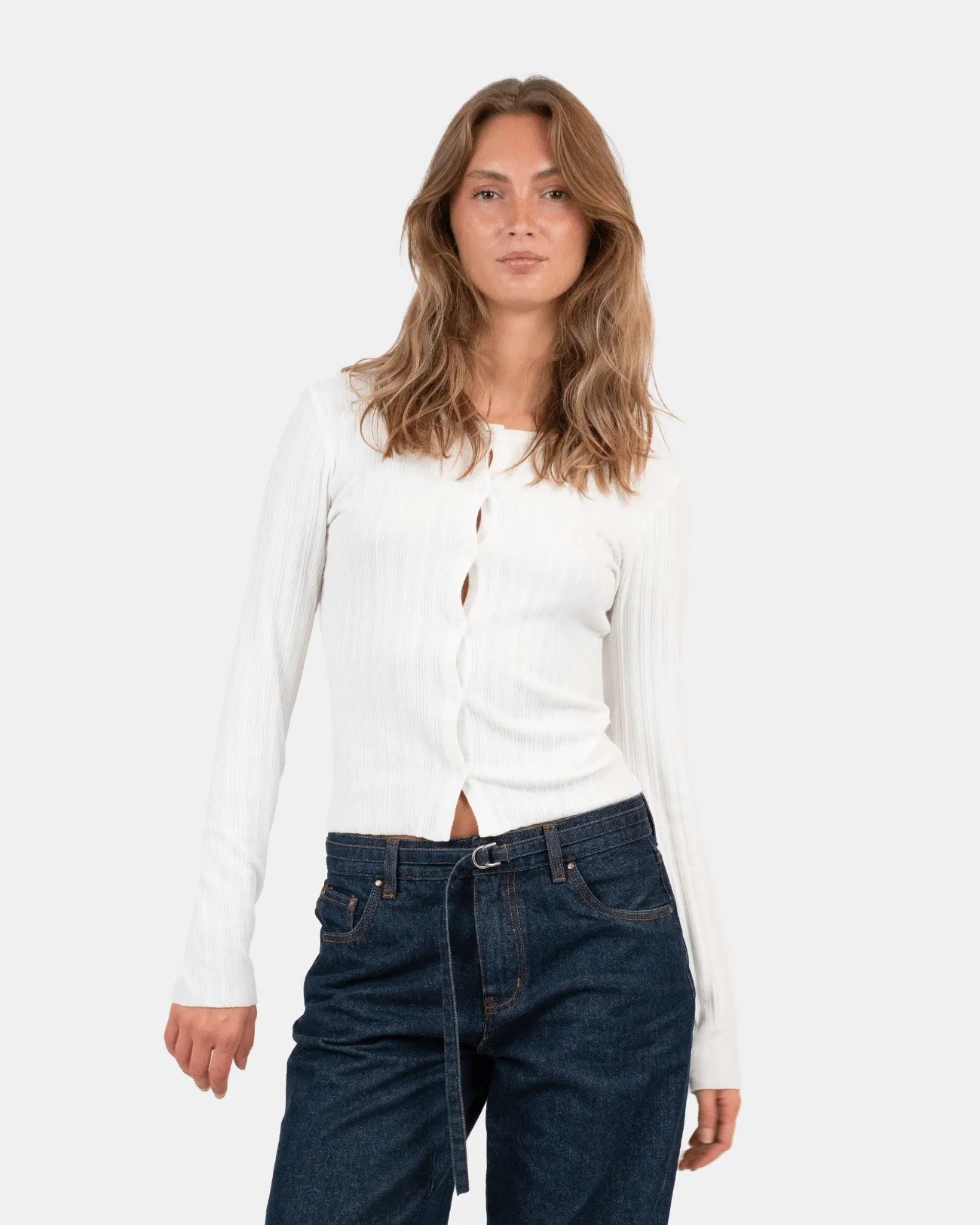 Buttoned Langærmet Top Hvid
