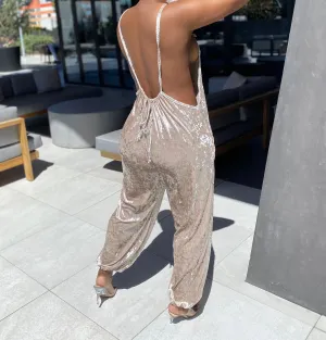 Crush | velvet jumpsuit | tan