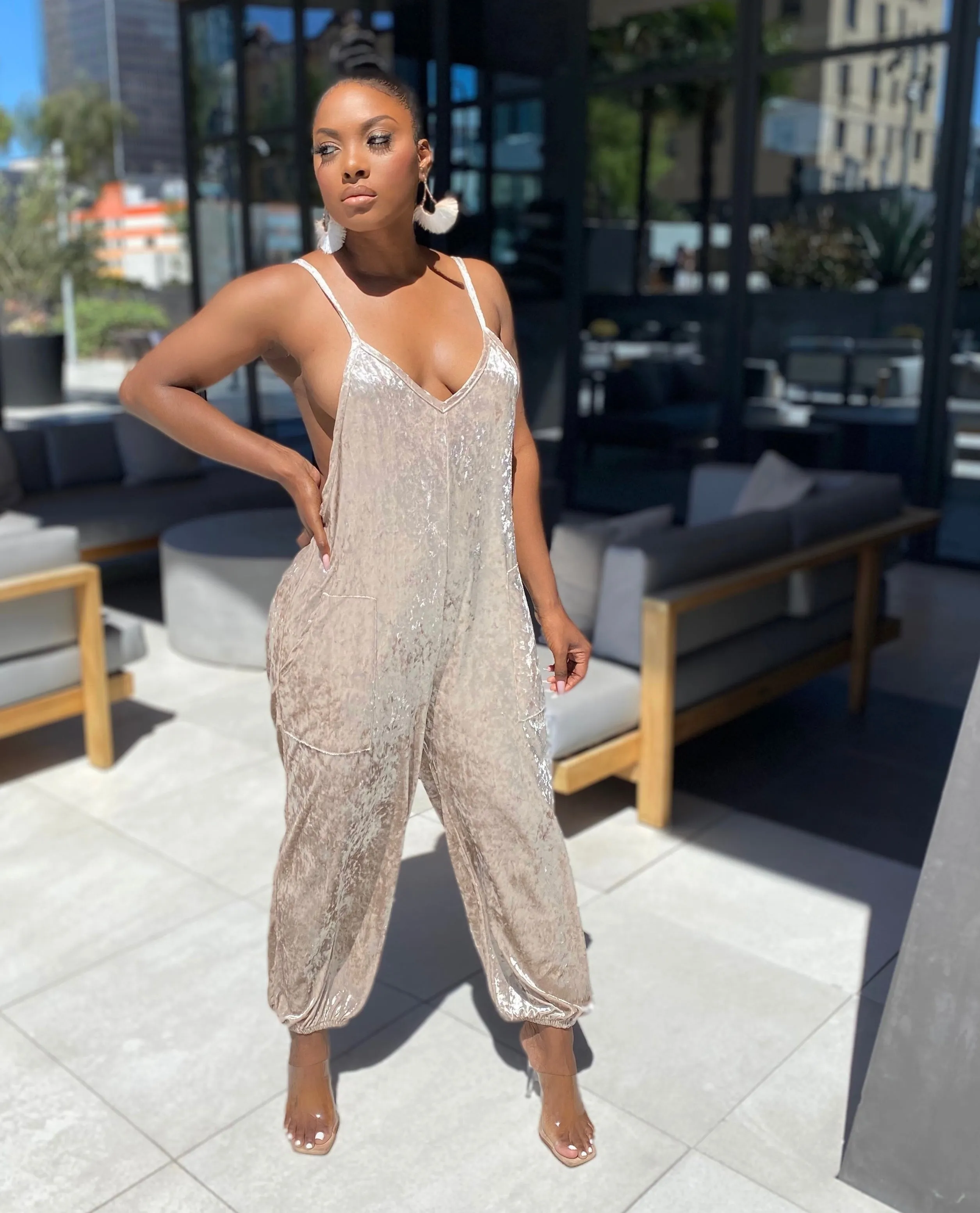 Crush | velvet jumpsuit | tan