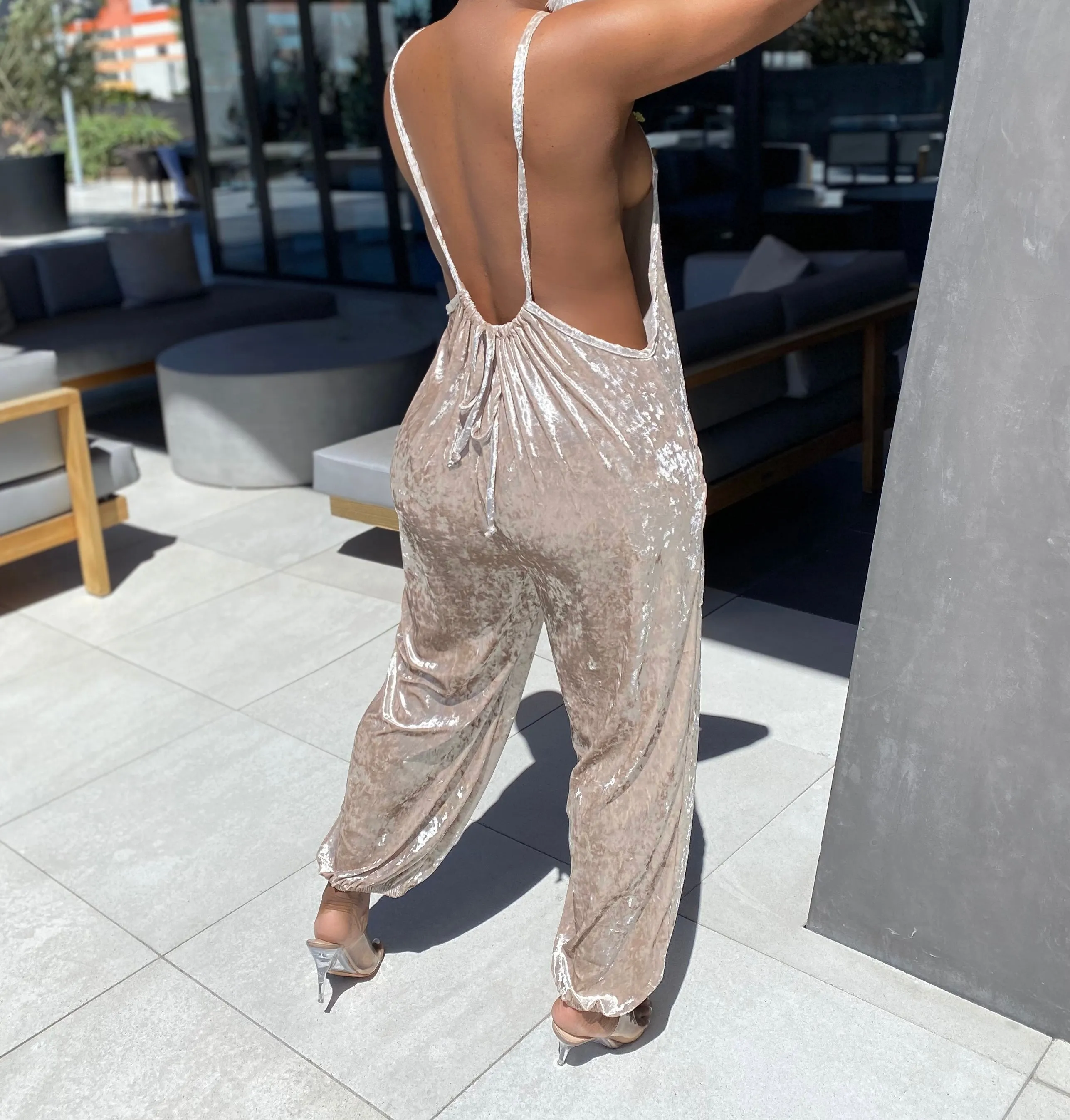 Crush | velvet jumpsuit | tan