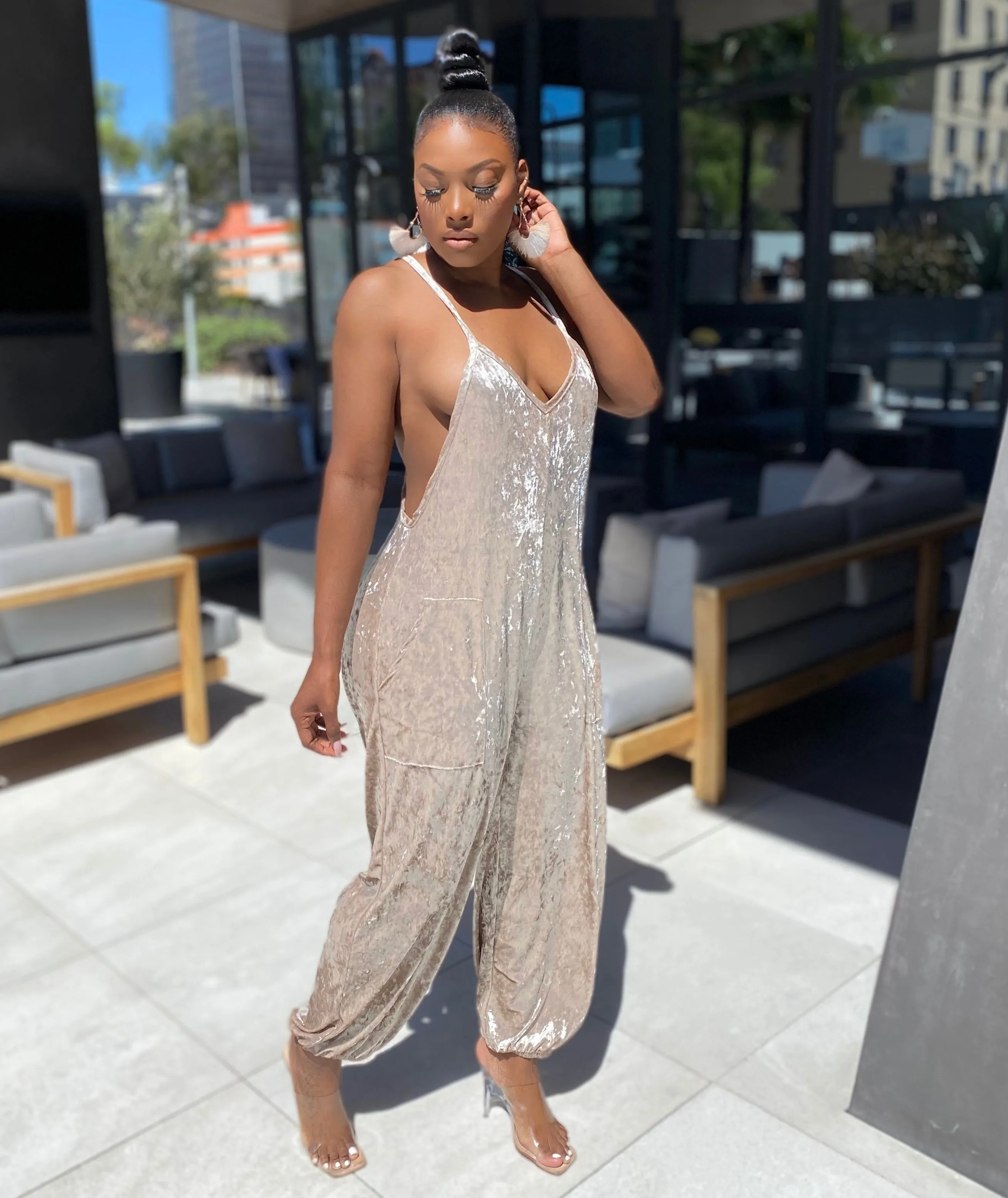 Crush | velvet jumpsuit | tan