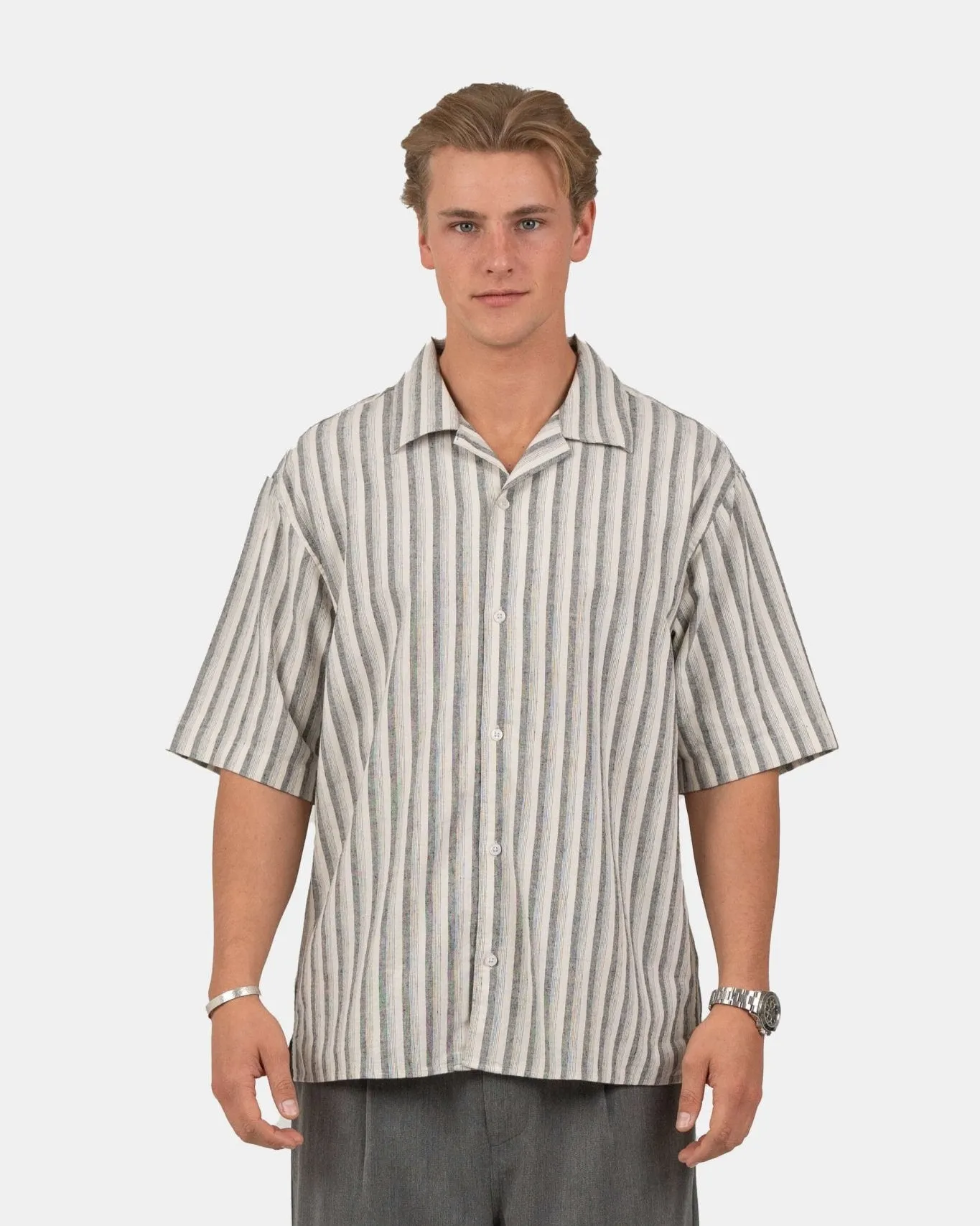Short Sleeve Linen Shirt Black Striped