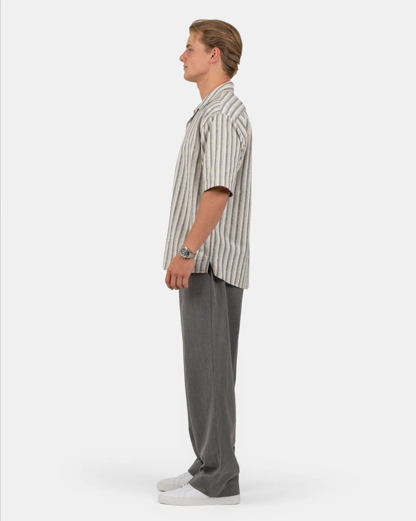 Short Sleeve Linen Shirt Black Striped