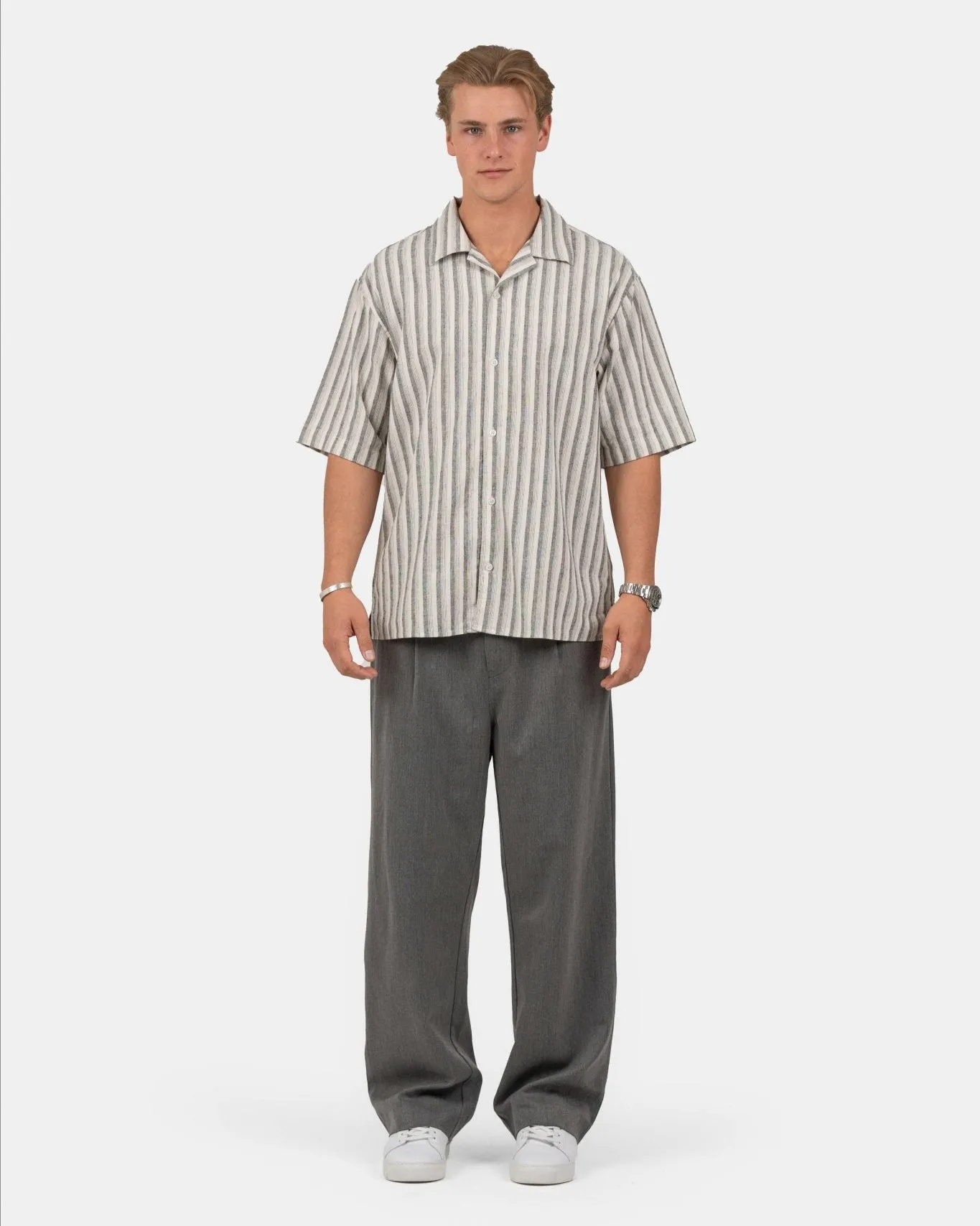 Short Sleeve Linen Shirt Black Striped