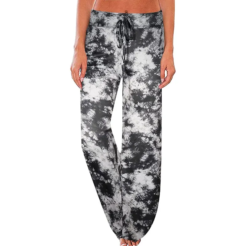 Women's Comfy Floral Print High Waist Drawstring Palazzo Wide Leg Pants