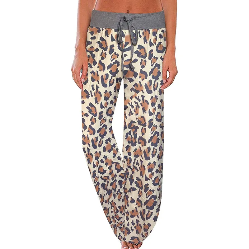 Women's Comfy Floral Print High Waist Drawstring Palazzo Wide Leg Pants