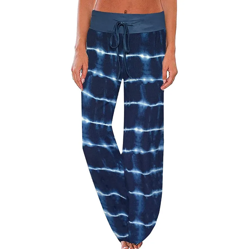 Women's Comfy Floral Print High Waist Drawstring Palazzo Wide Leg Pants