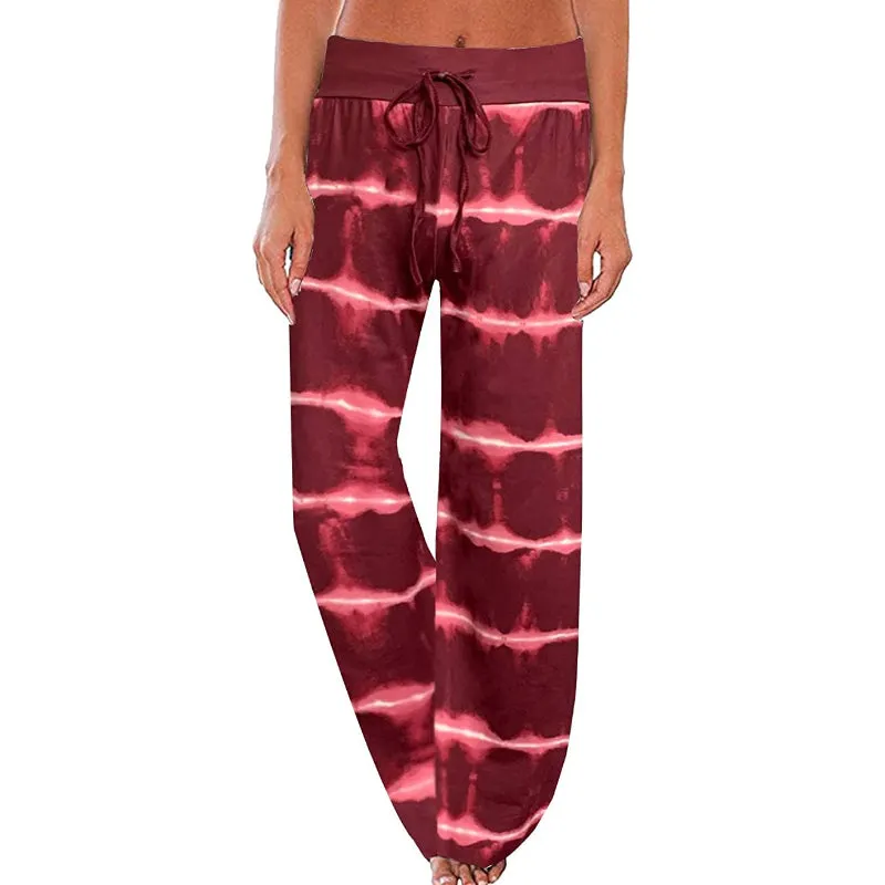 Women's Comfy Floral Print High Waist Drawstring Palazzo Wide Leg Pants