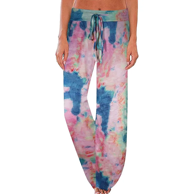 Women's Comfy Floral Print High Waist Drawstring Palazzo Wide Leg Pants
