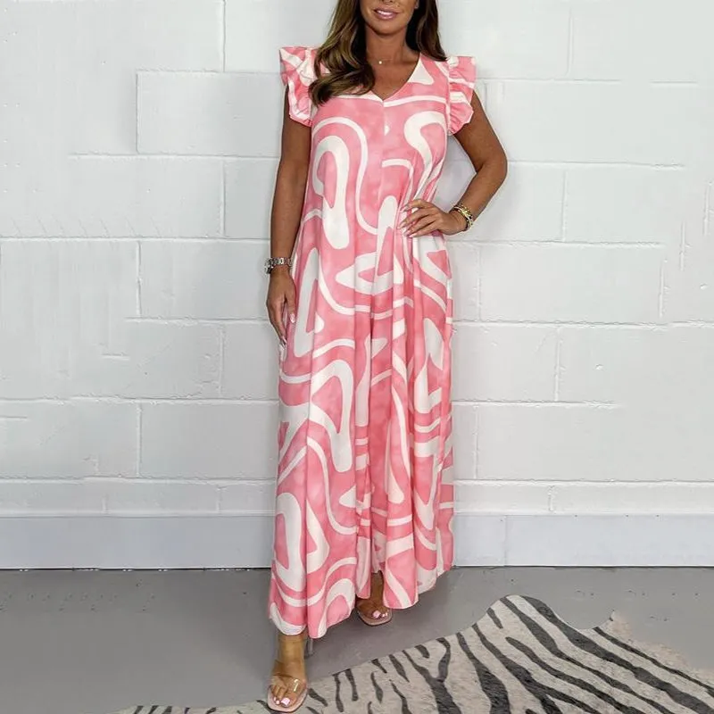Women's Ruffled Wide-Leg Jumpsuit With Geometric Prints